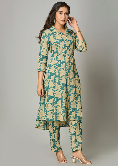 Green Cotton Straight Cut Kurti Set