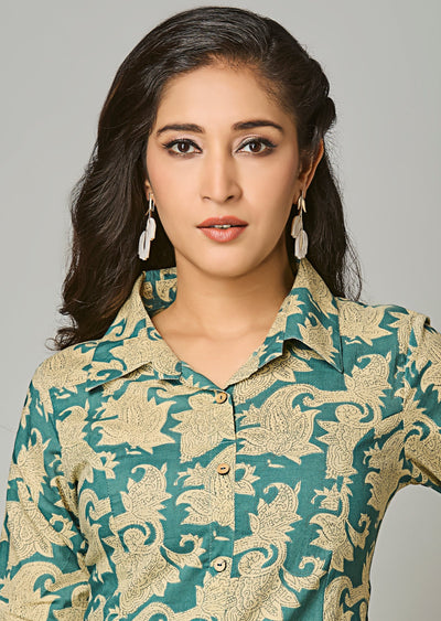 Green Cotton Straight Cut Kurti Set