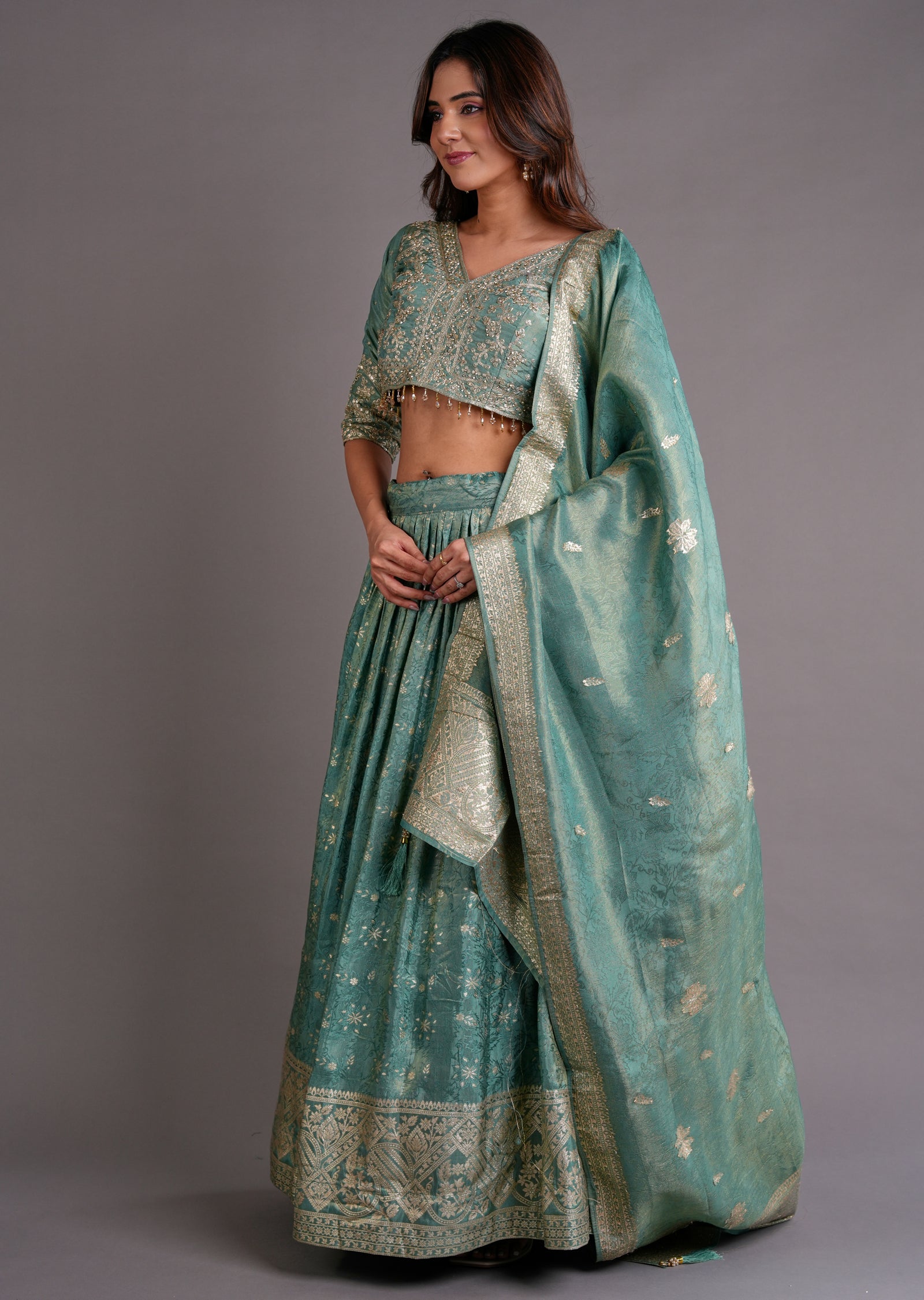 Dusty Green Tissue Silk Lehenga