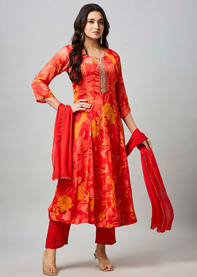 Red Chinnon Anarkali Suit