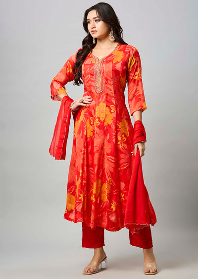 Red Chinnon Anarkali Suit