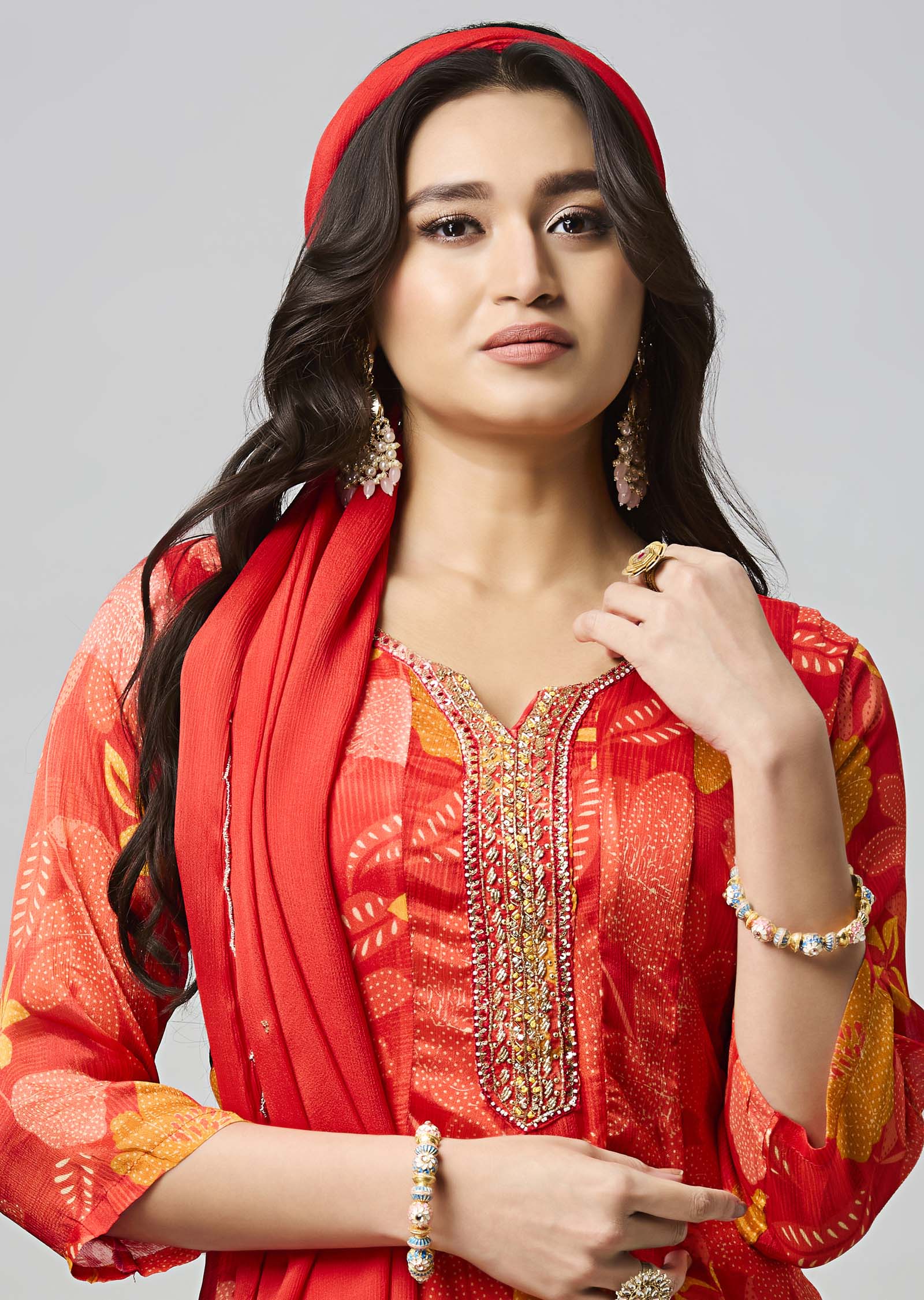 Red Chinnon Anarkali Suit