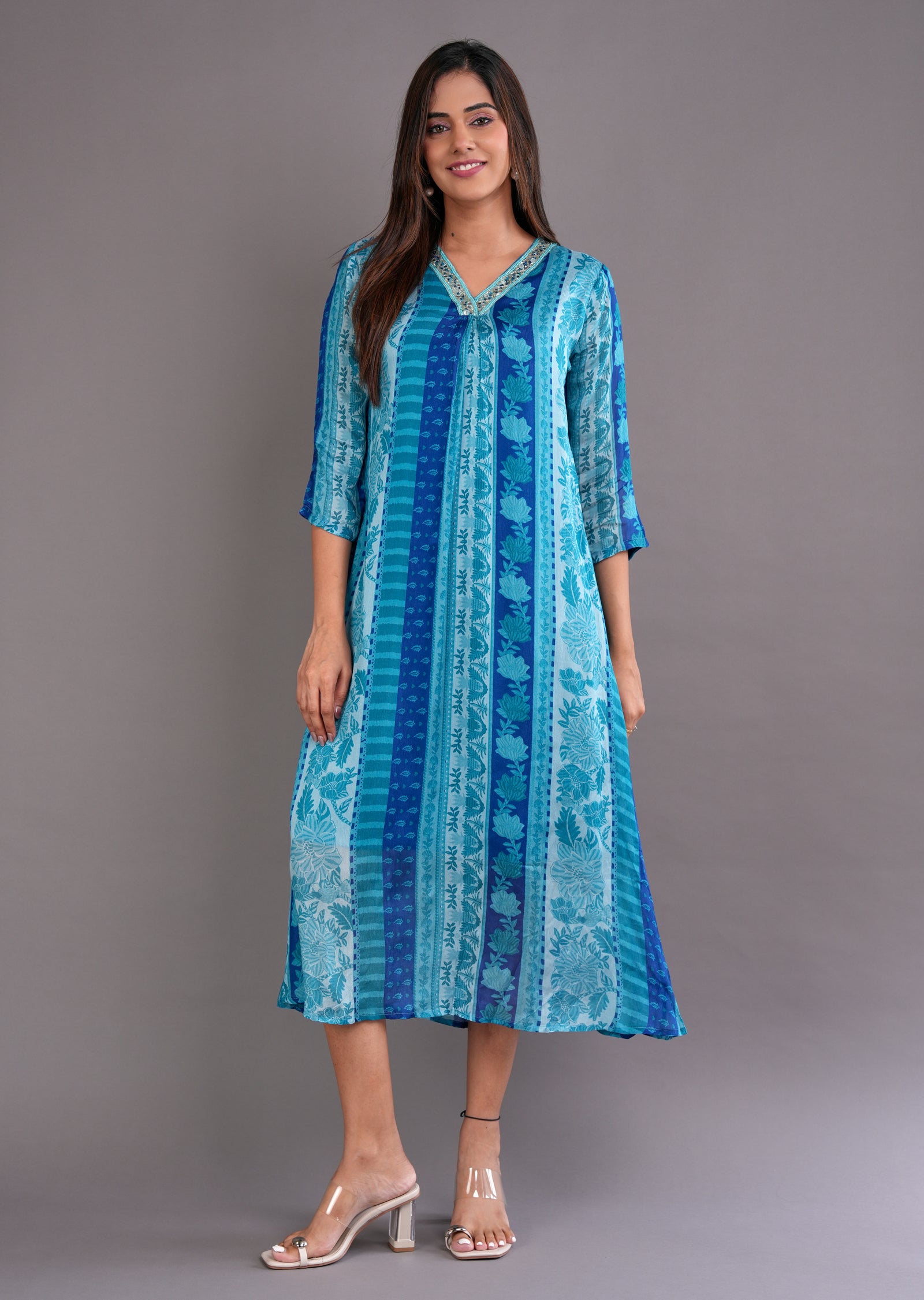 Blue Chinnon Midi Dress
