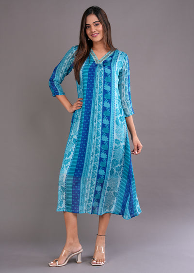 Blue Chinnon Midi Dress