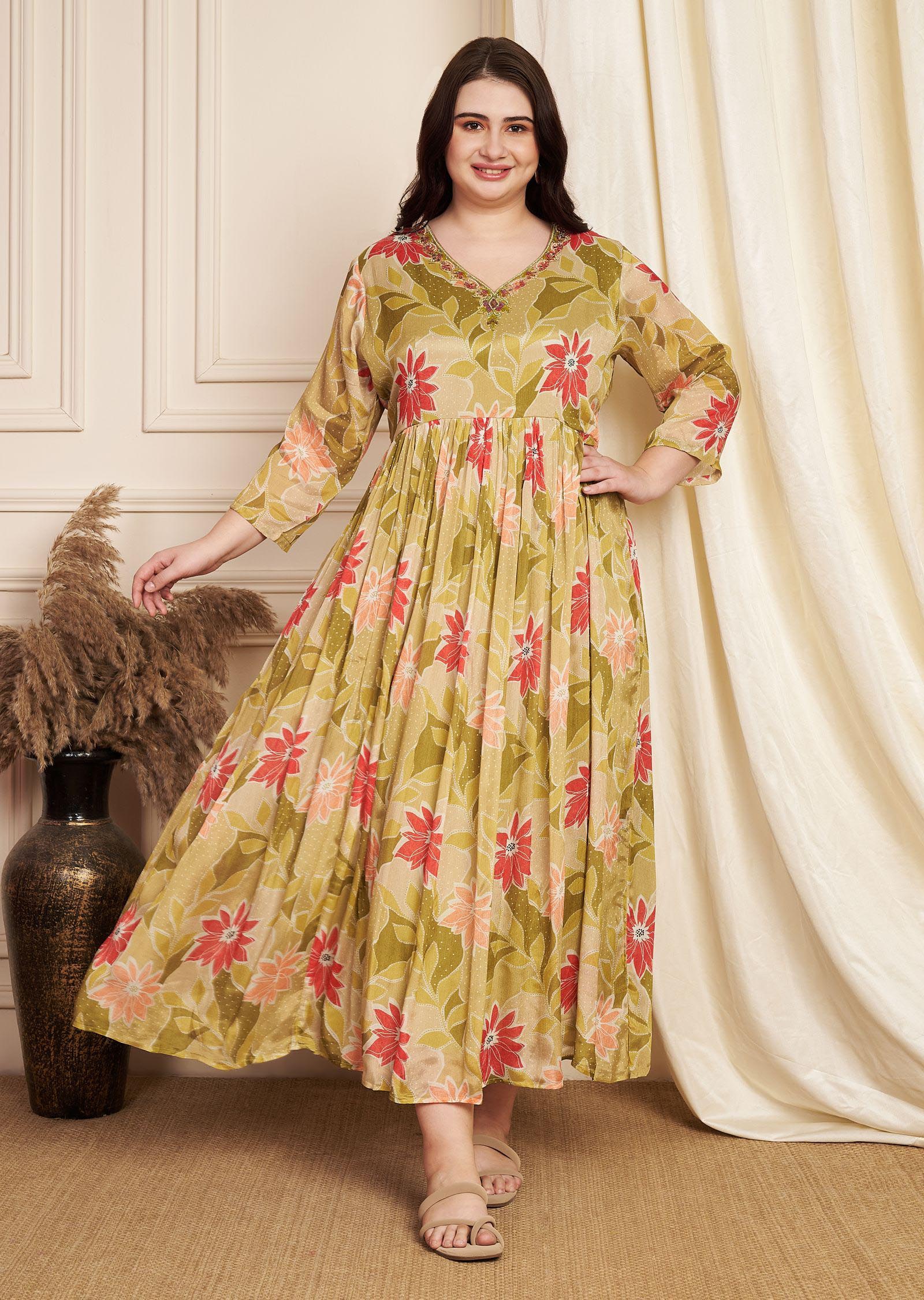 Mehendi Green Chinnon Long Dress
