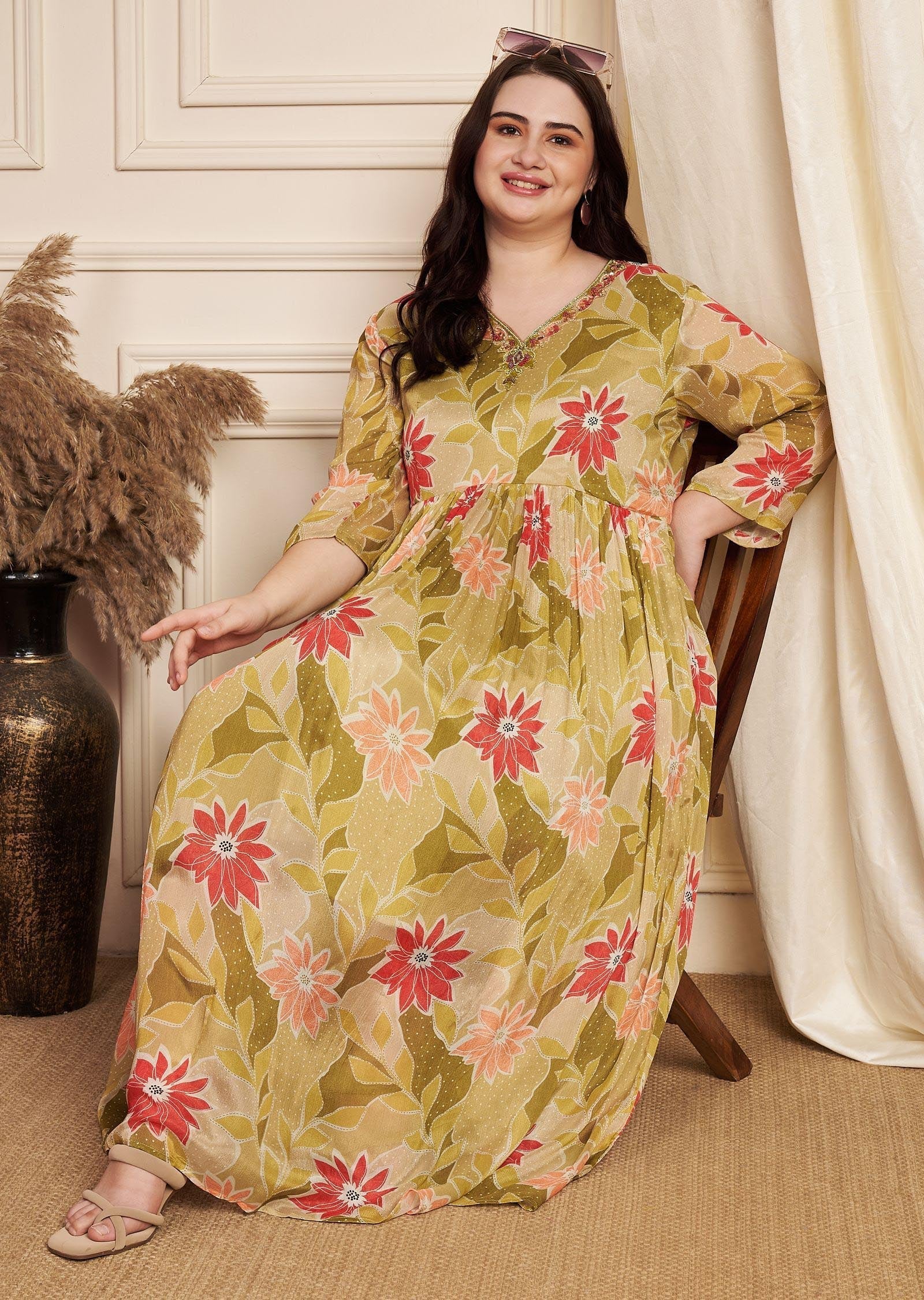 Mehendi Green Chinnon Long Dress