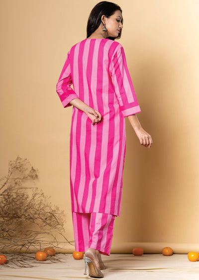 Pink Cotton Straight Cut Kurti Set
