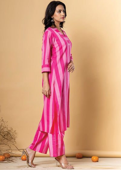 Pink Cotton Straight Cut Kurti Set