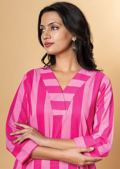 Pink Cotton Straight Cut Kurti Set