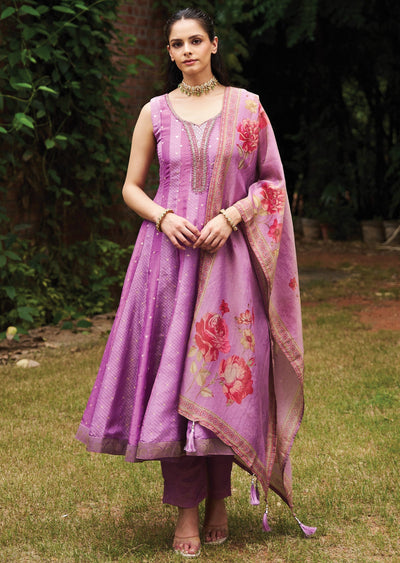 Lavender Tissue Anarkali Suit