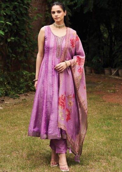 Lavender Tissue Anarkali Suit