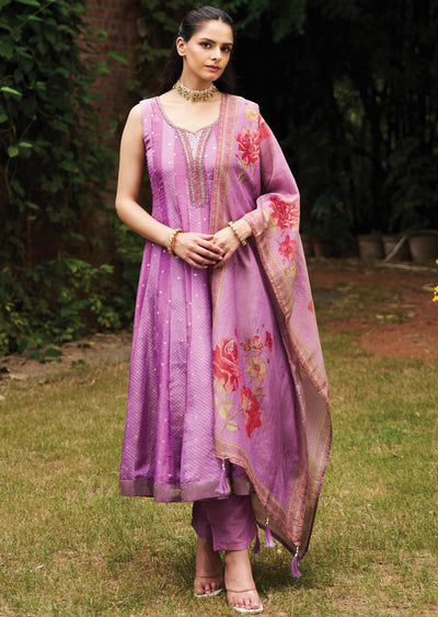 Lavender Tissue Anarkali Suit