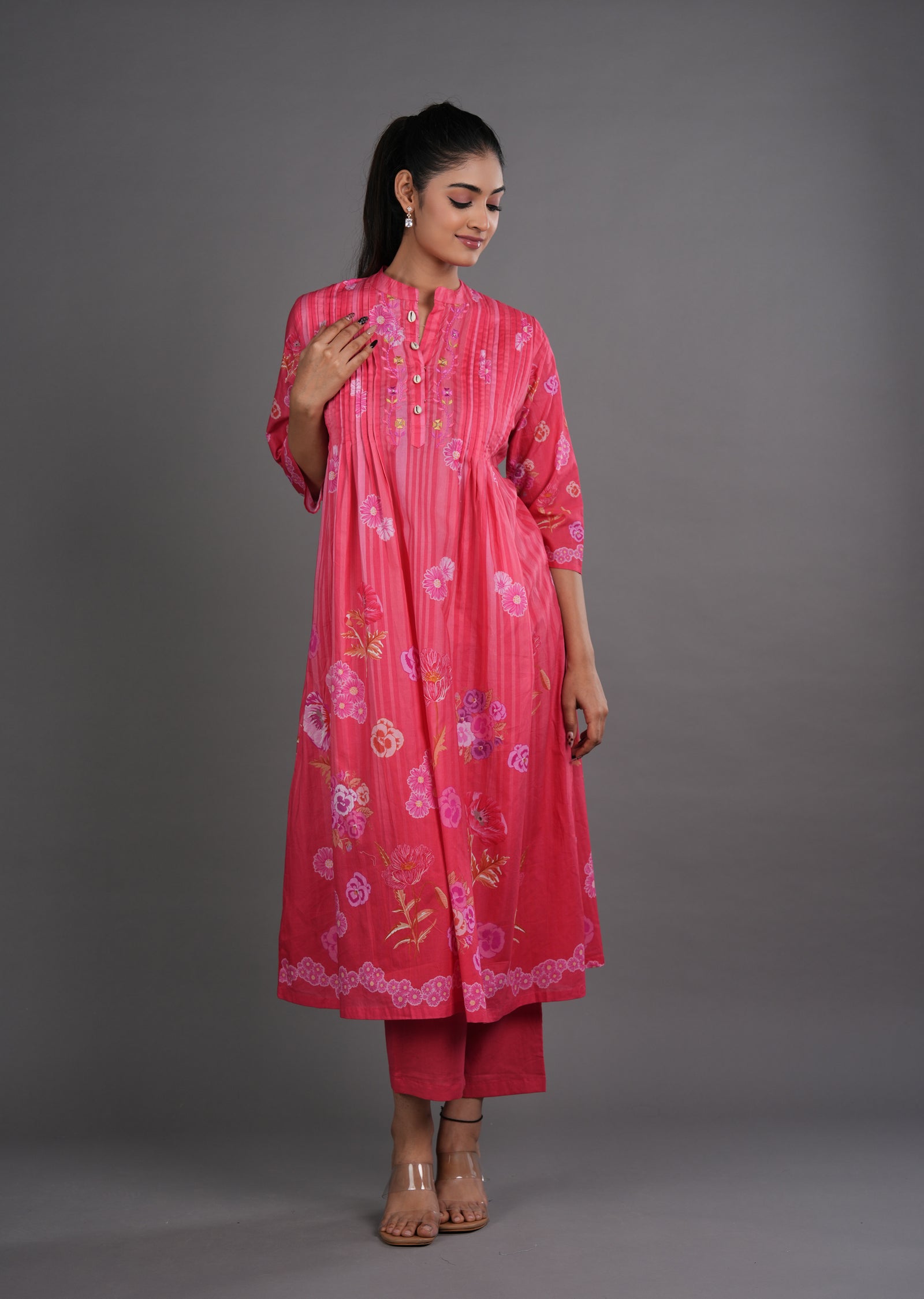 Dark Pink Cotton Straight Cut Kurti Set