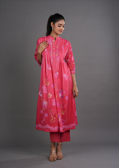Dark Pink Cotton Straight Cut Kurti Set