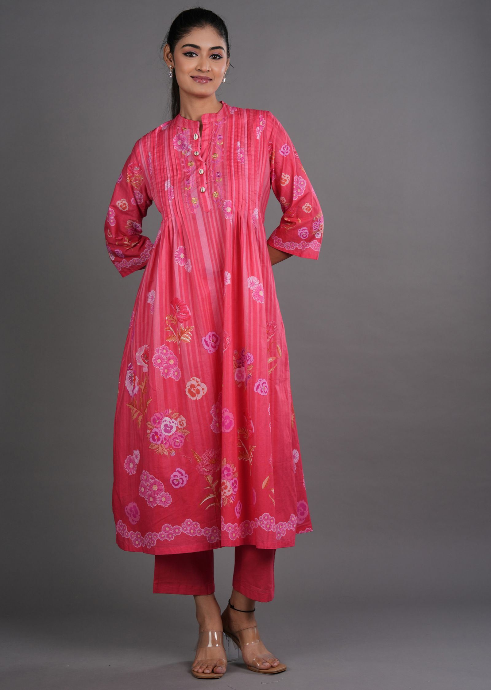 Dark Pink Cotton Straight Cut Kurti Set