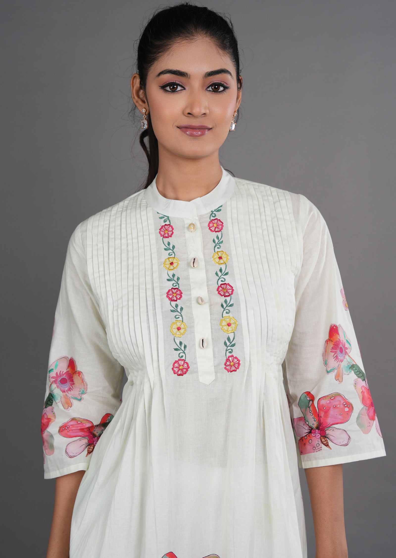 Cream Cotton Straight Cut Kurti Set