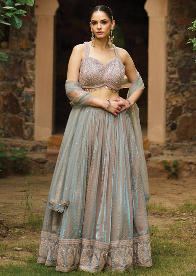 Dusty Blue Tissue Lehenga Set