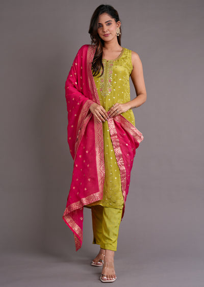Mehendi Green Silk Straight Cut Suit