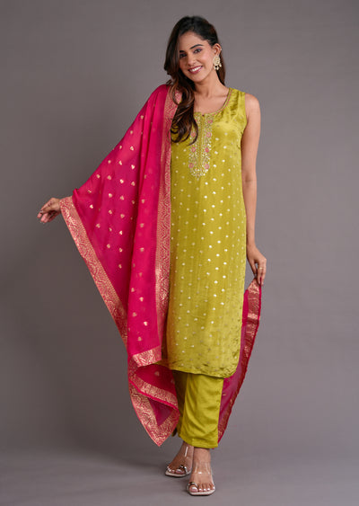 Mehendi Green Silk Straight Cut Suit