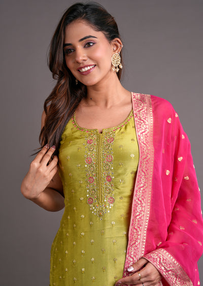 Mehendi Green Silk Straight Cut Suit