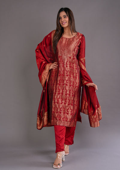 Maroon Silk Straight Cut Suit