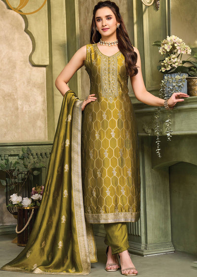 Mehendi Green Banarasi Silk Straight Cut Suit