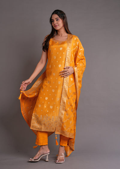 Yellow Tissue Silk Straight Cut Suit