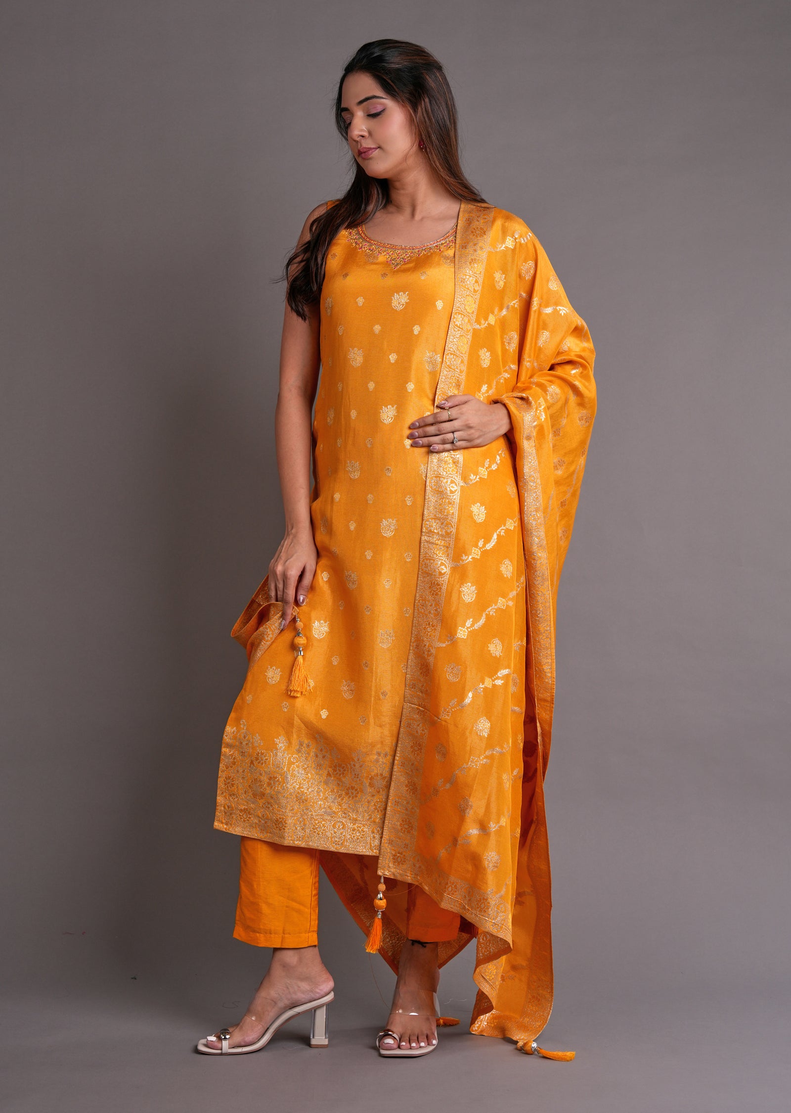 Yellow Tissue Silk Straight Cut Suit