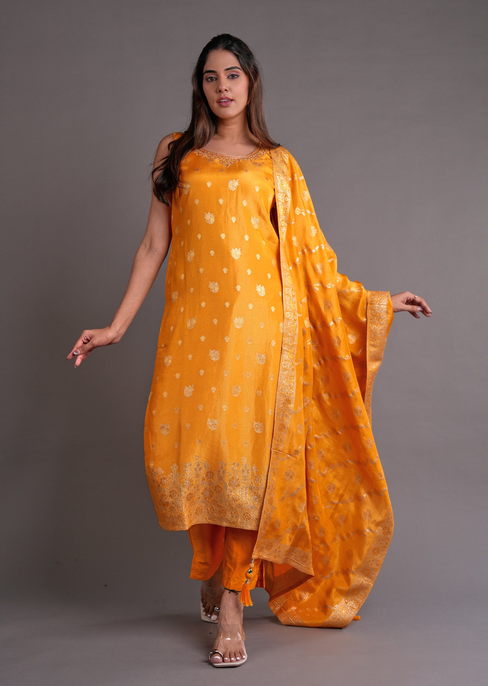 Yellow Tissue Silk Straight Cut Suit