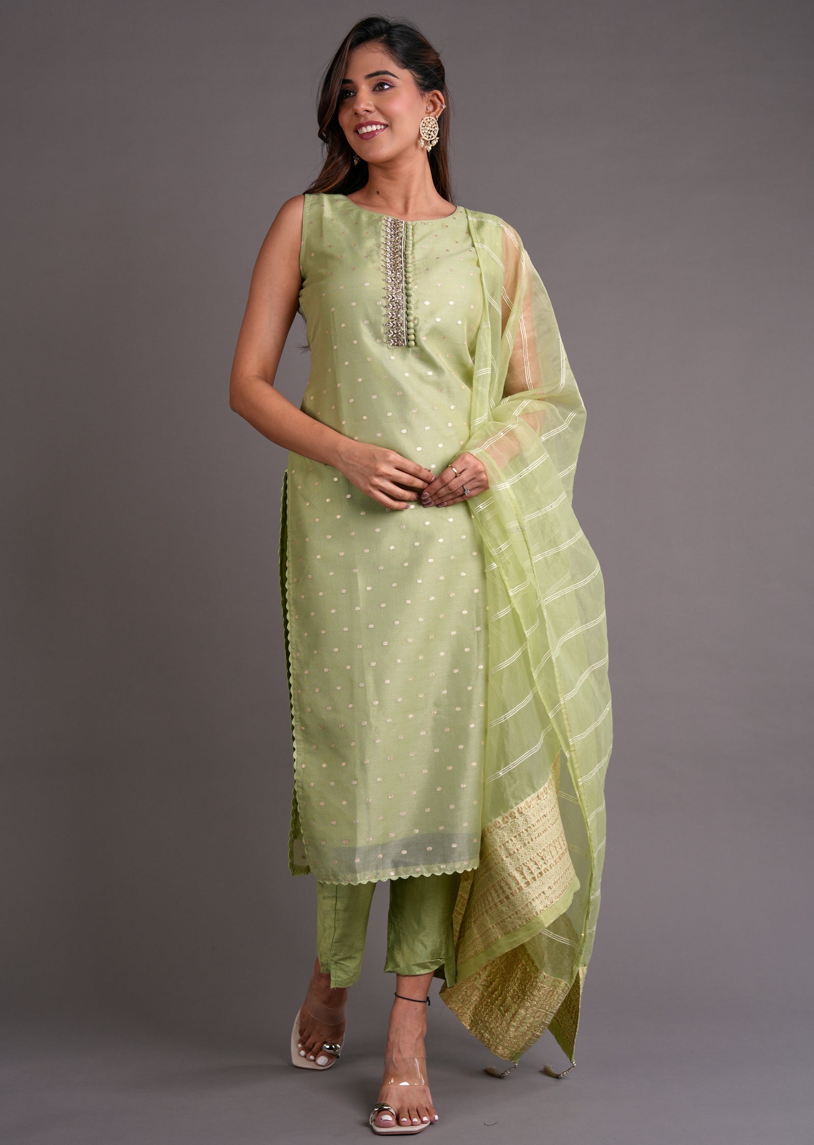 Light Green Organza Straight Cut Suit
