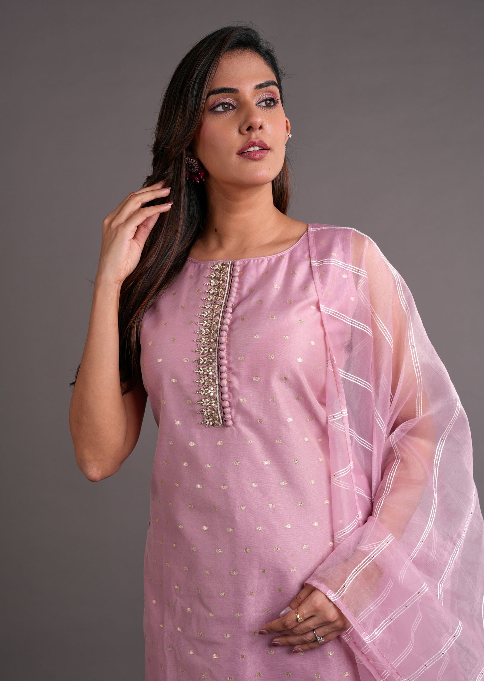 Light Pink Organza Straight Cut Suit