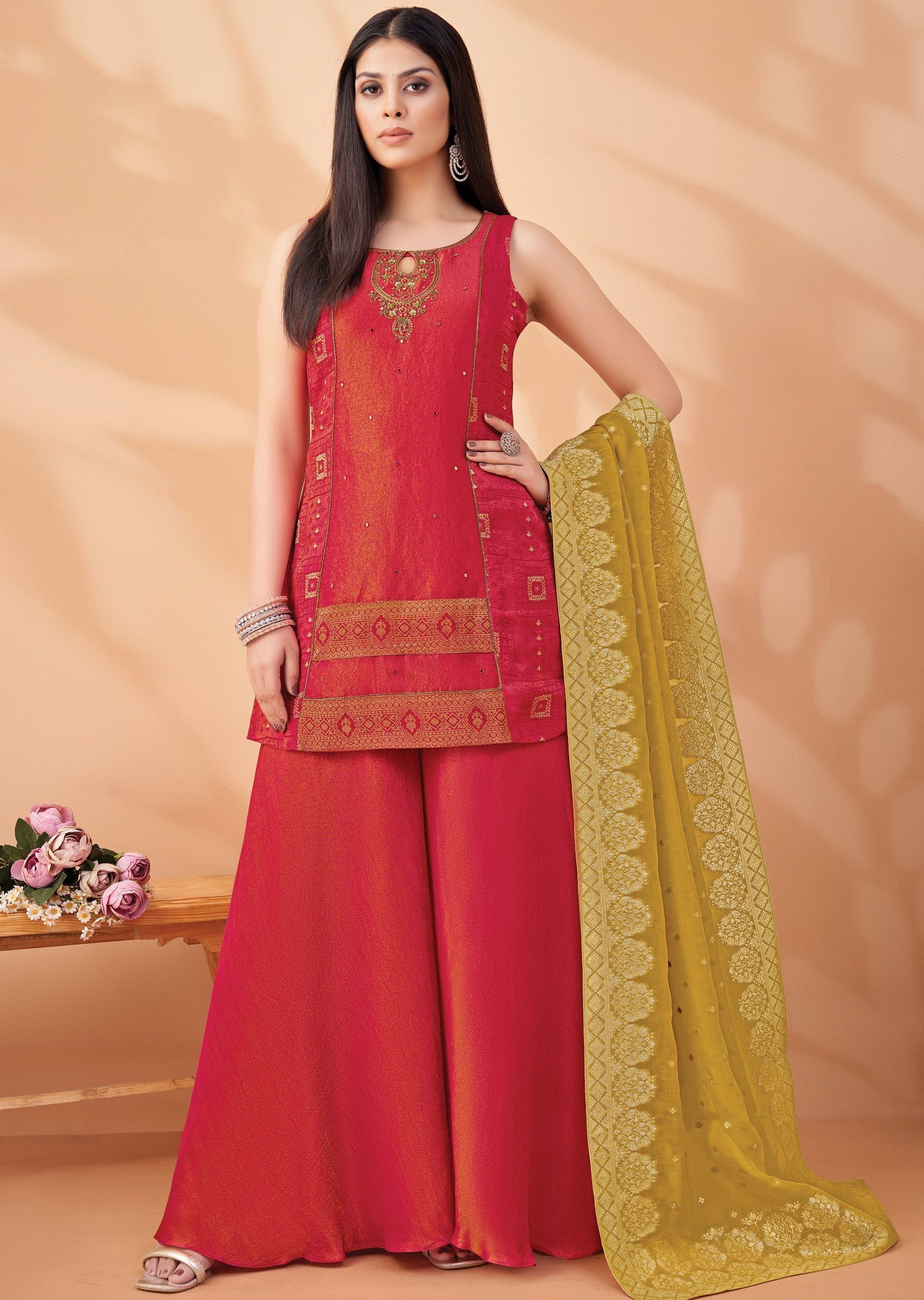 Pink Tissue Silk Straight Cut Suit