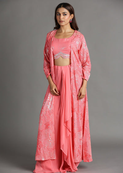 Pink Georgette Draped Skirt Set