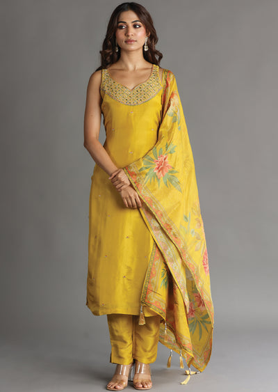 Yellow Tissue Silk Straight Cut Suit