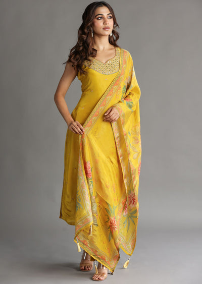 Yellow Tissue Silk Straight Cut Suit