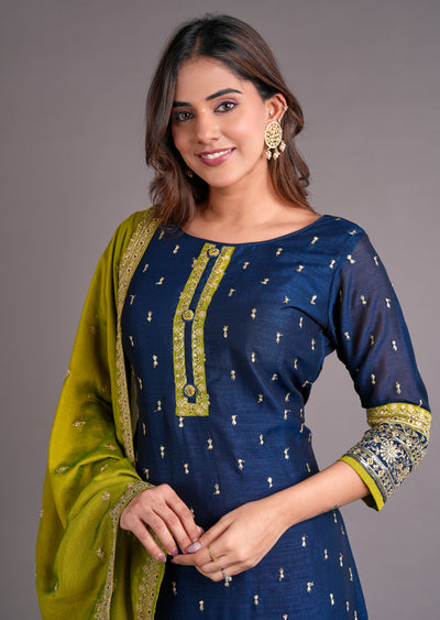 Navy Blue Silk Straight Cut Suit