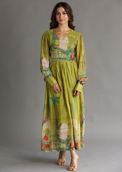Mehendi Green Chinnon Long Dress