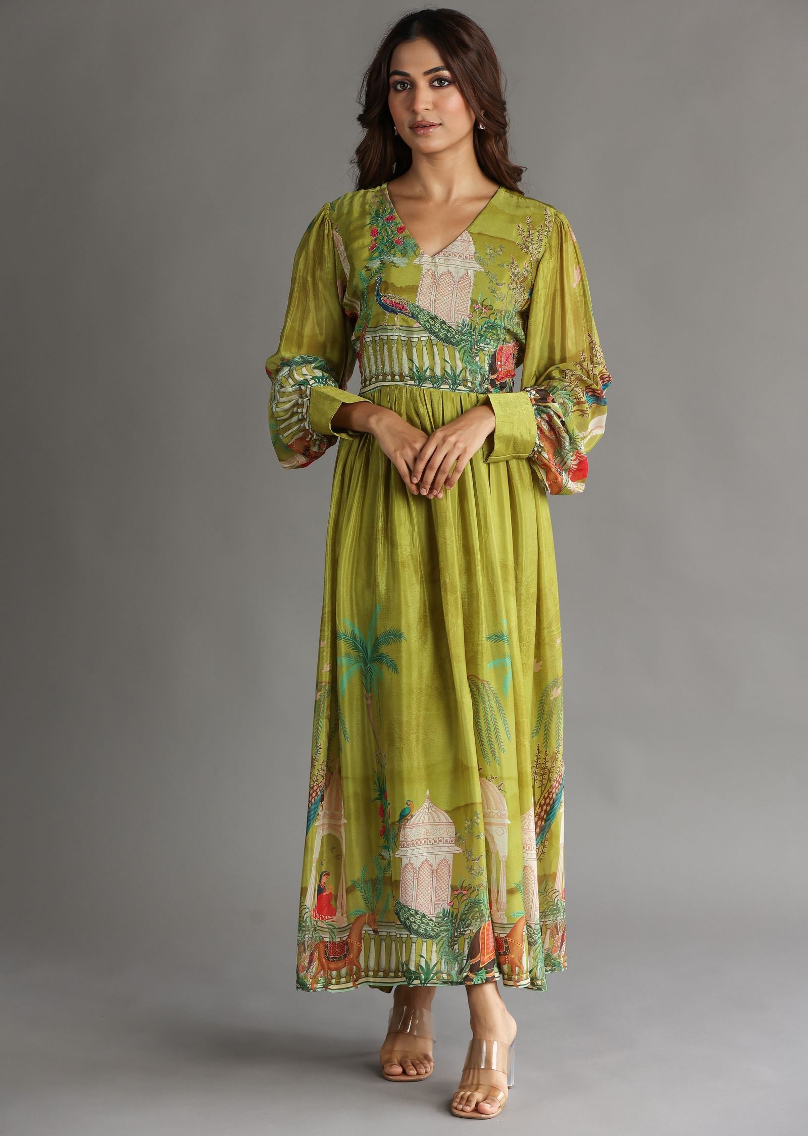 Mehendi Green Chinnon Long Dress