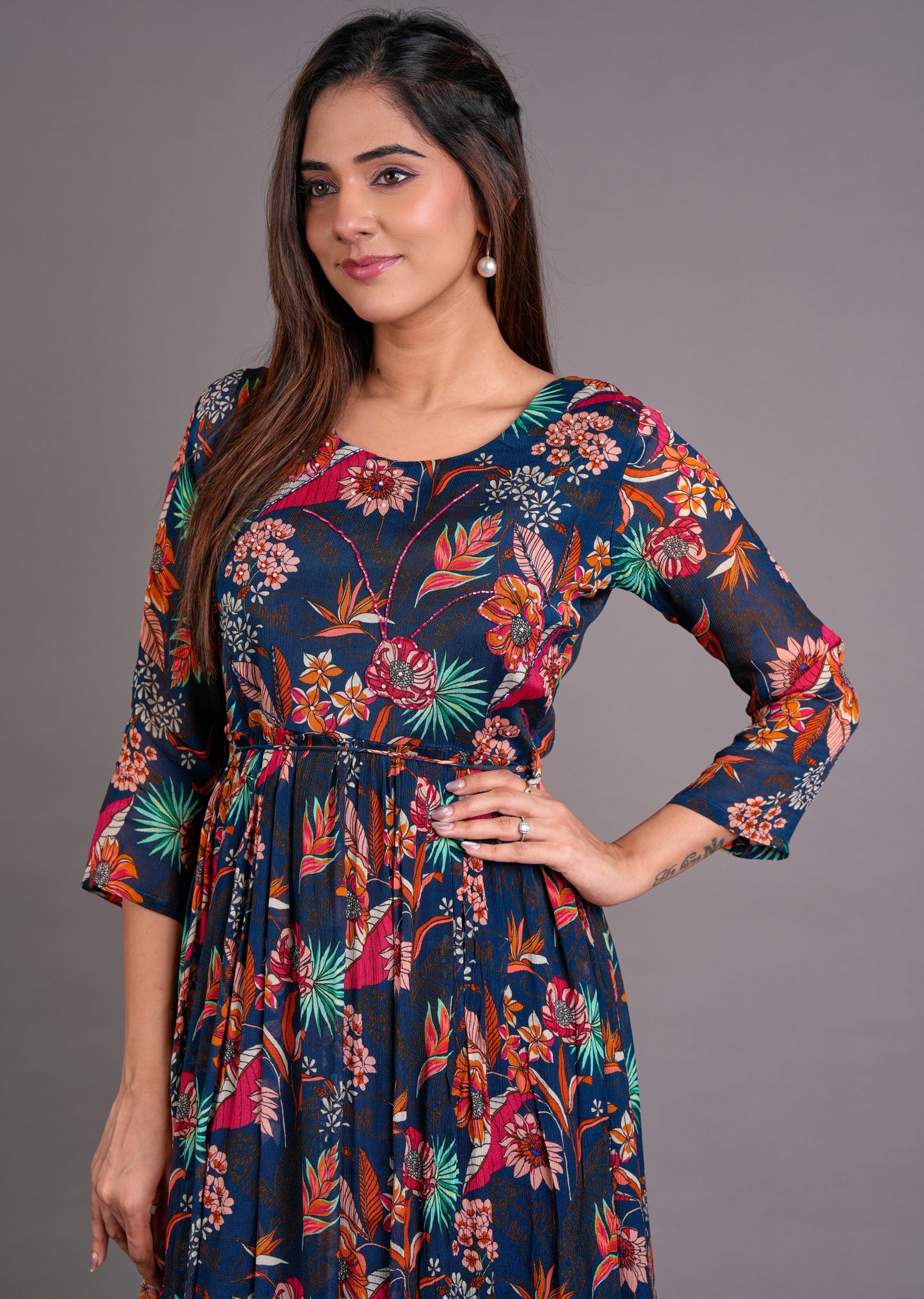 Teal Blue Chinnon Long Dress