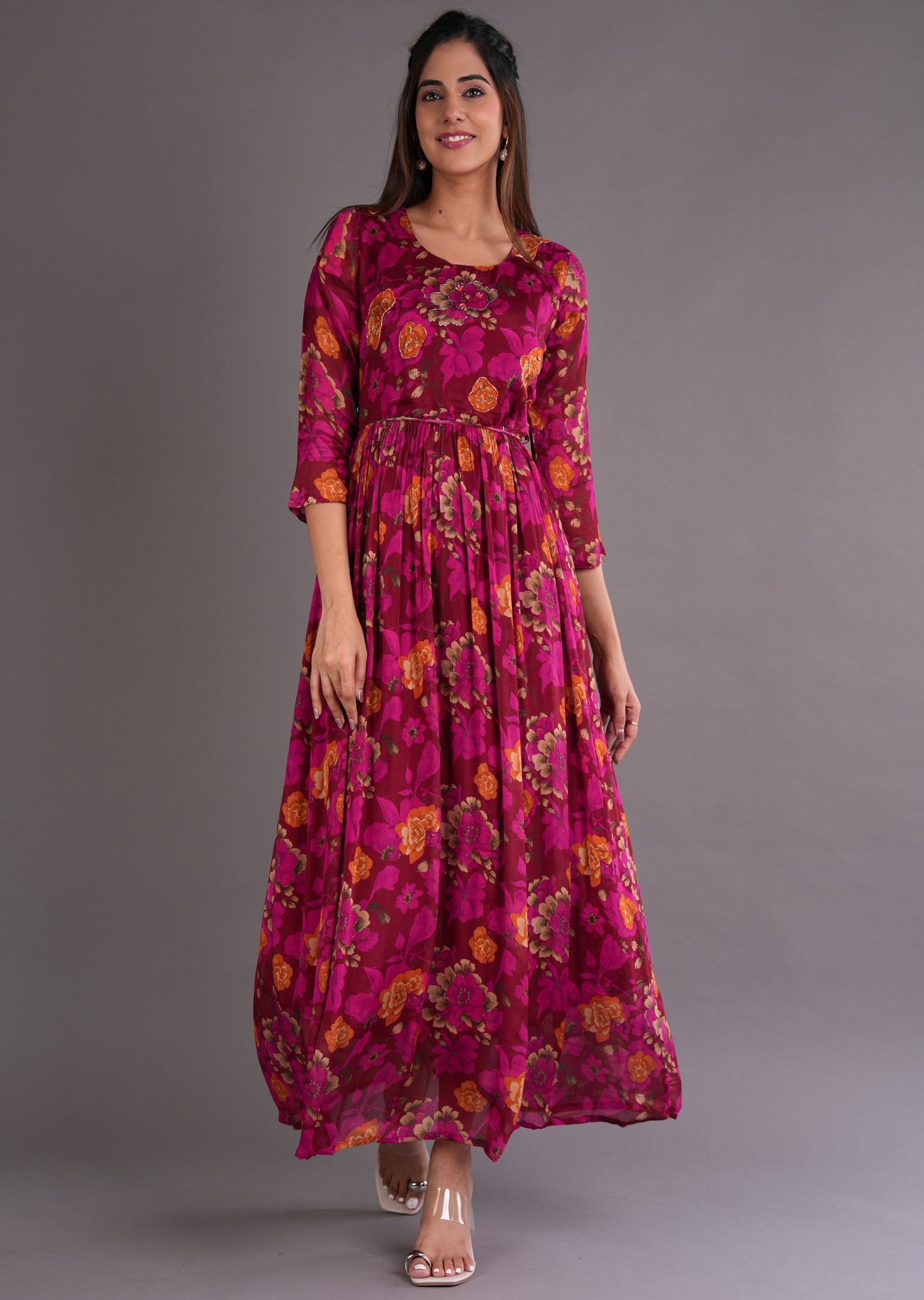 Maroon Chinnon Long Dress