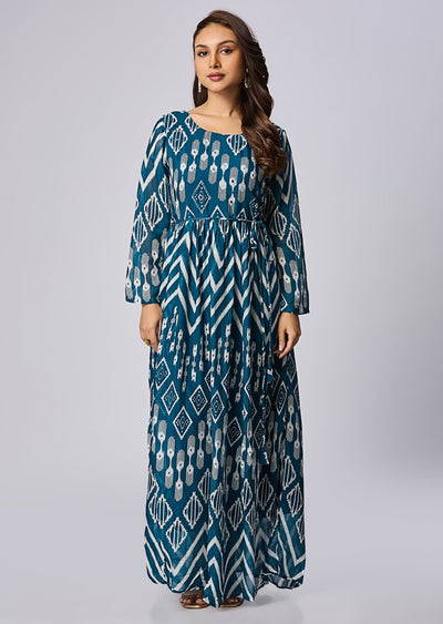 Teal Blue Chinnon Long Dress