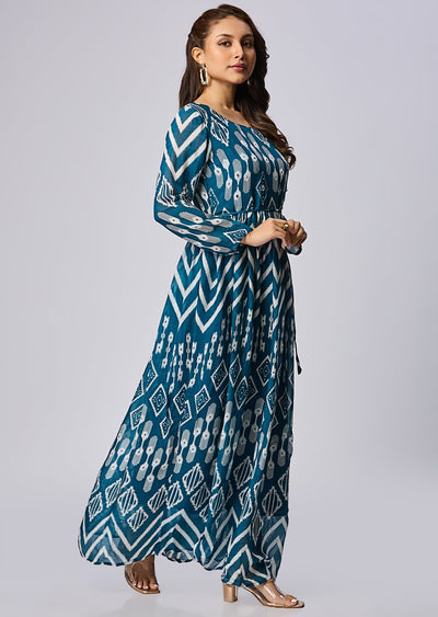Teal Blue Chinnon Long Dress