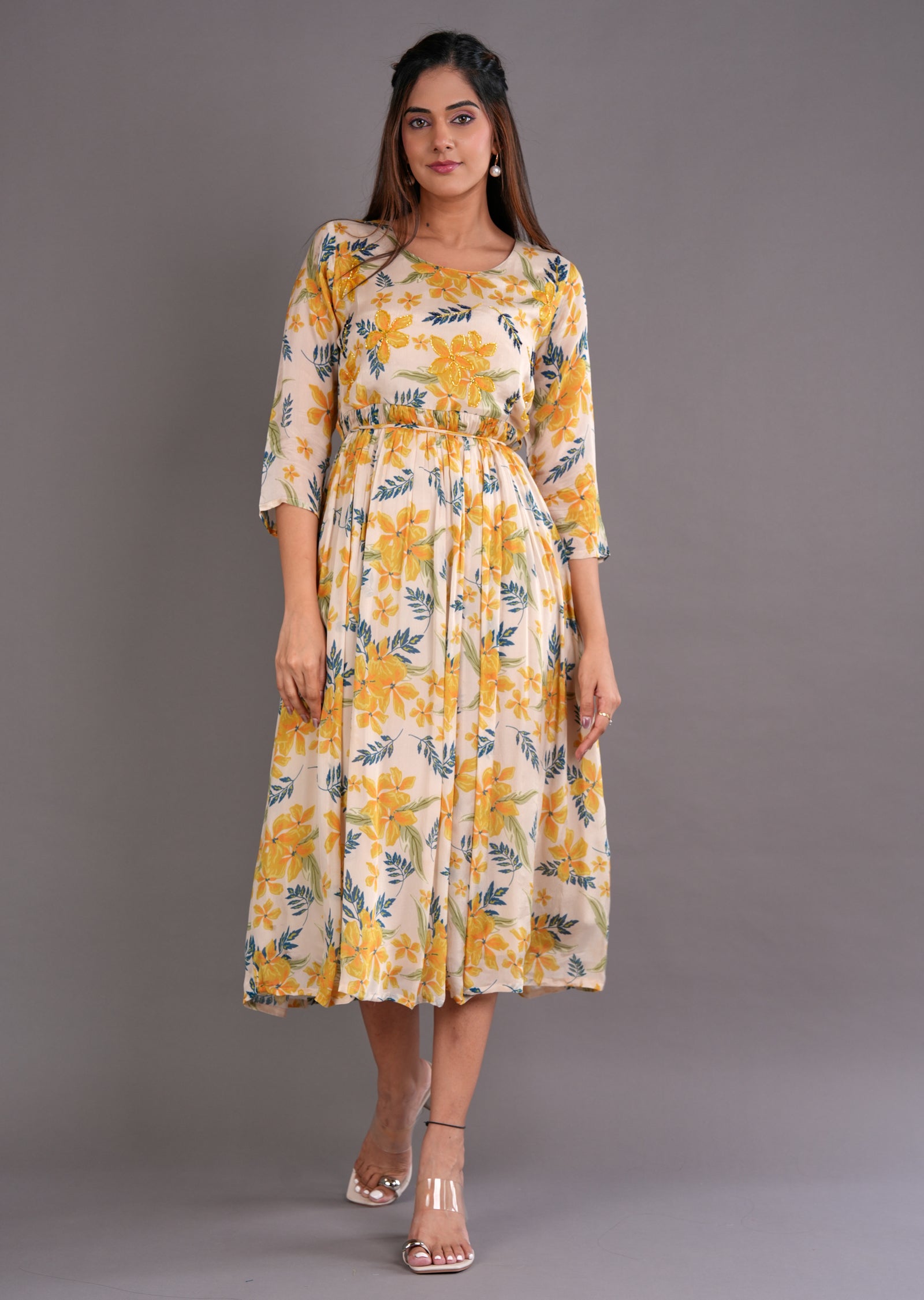 Beige Chinnon Midi Dress