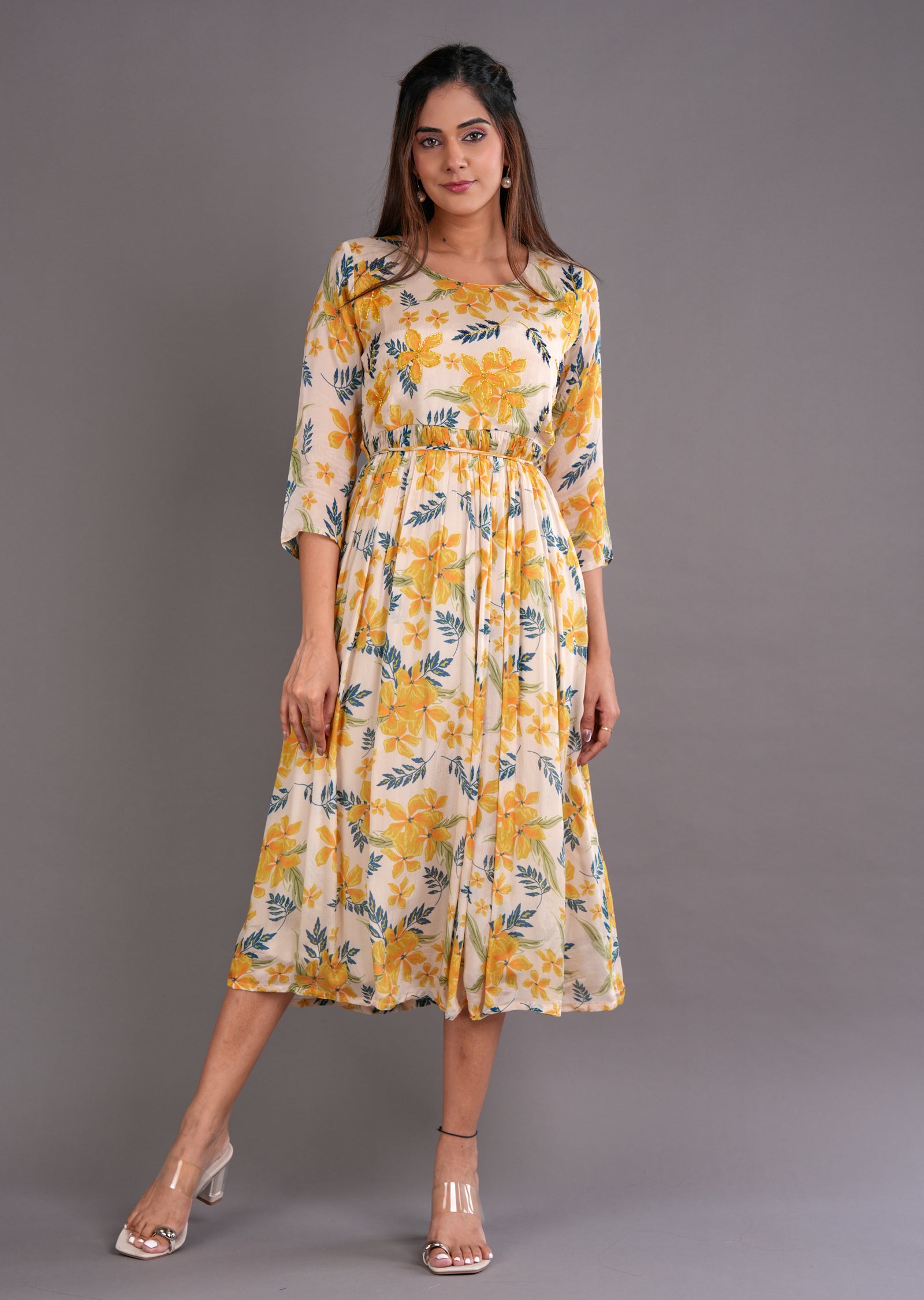 Beige Chinnon Midi Dress