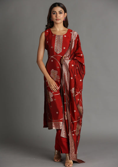 Maroon Banarasi Silk Straight Cut Suit