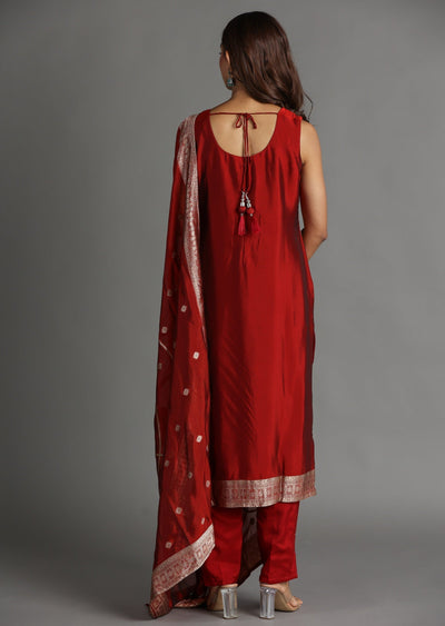 Maroon Banarasi Silk Straight Cut Suit
