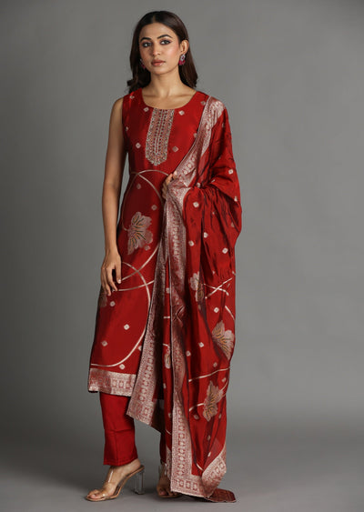 Maroon Banarasi Silk Straight Cut Suit