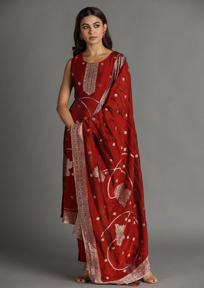Maroon Banarasi Silk Straight Cut Suit