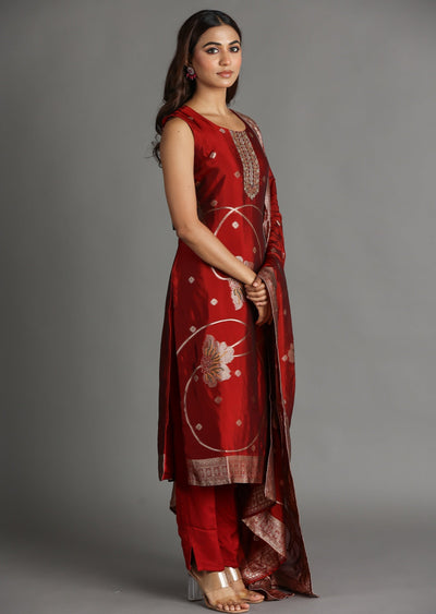 Maroon Banarasi Silk Straight Cut Suit