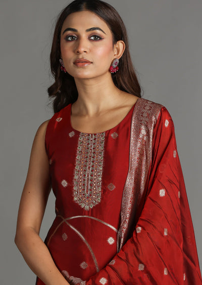 Maroon Banarasi Silk Straight Cut Suit